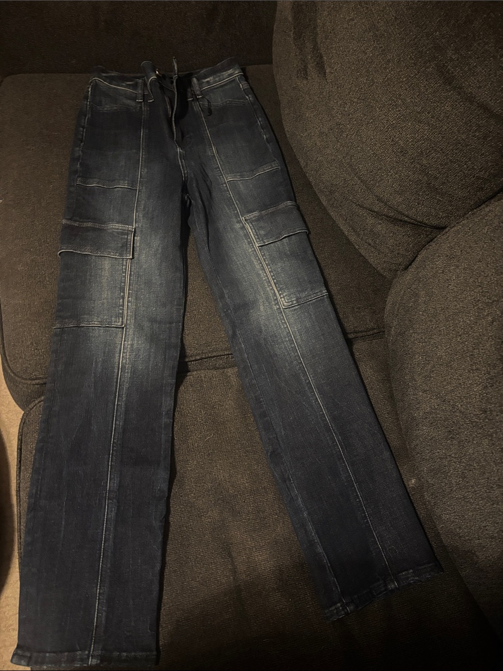 Express Women's Straight-Leg Cargo Jeans in Dark Blue